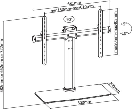 'Dimensions du support TV : Hauteur 582-722 mm, Largeur 681 mm, Profondeur 280 mm. Inclinaison : -10° à +5°. Hauteur de l'écran 150-405 mm, Largeur 150-610 mm.'