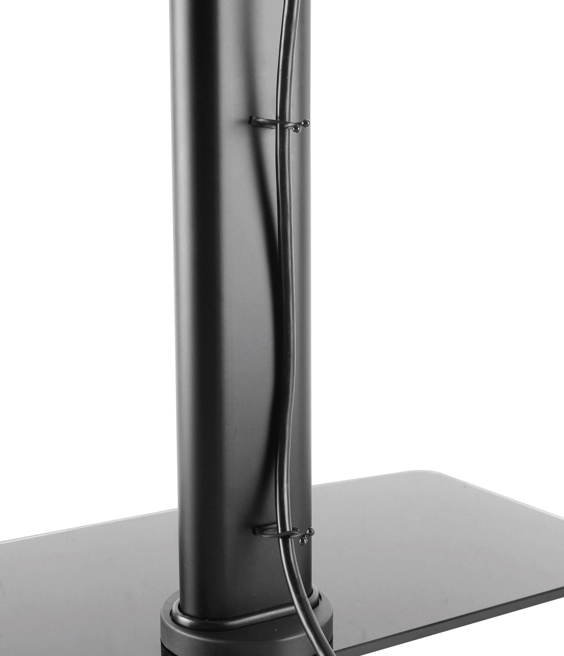 Un support noir avec un câble soigneusement acheminé le long de l'arrière. Base rectangulaire en verre.