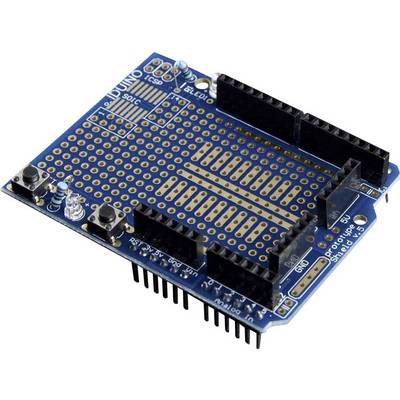 Bouclier Arduino avec carte de circuit imprimé bleue, plusieurs emplacements de connexion et deux boutons. Conçu pour les extensions de projets Arduino.