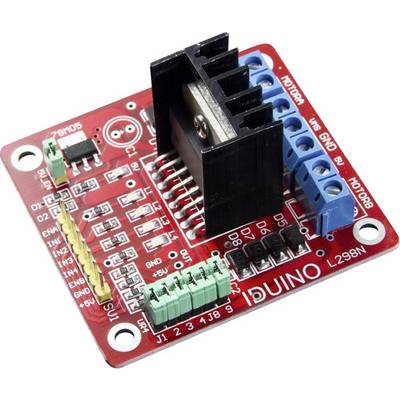 'Module contrôleur de moteur L298N rouge avec différents connecteurs et broches pour la commande de moteurs à courant continu.'