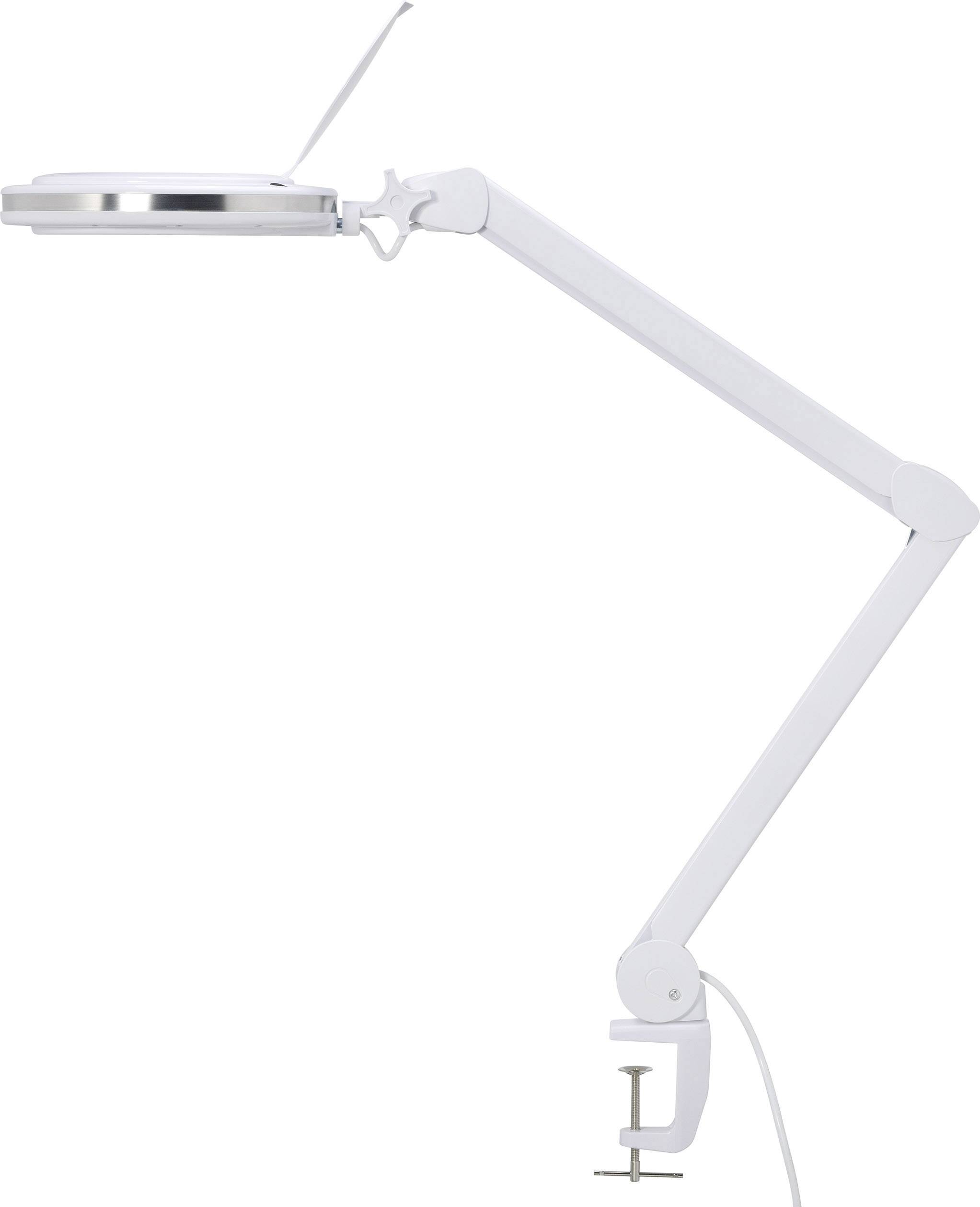 Lampe de bureau blanche, pliable, avec un abat-jour rond et une pince de fixation pour le montage sur table. Adaptée pour les bureaux de travail ou les espaces d'écriture.