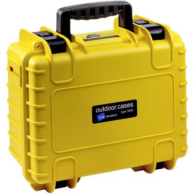 Valise rigide jaune avec poignée noire, adaptée pour une utilisation extérieure, portant l'inscription « outdoor.cases type 3000 ».