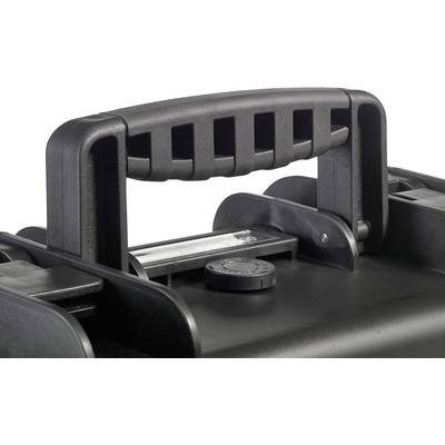 Une poignée en plastique noir sur un appareil avec des bords structurés, un couvercle à vis et des détails mécaniques.