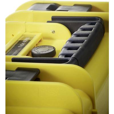 Boîte à outils jaune avec poignée et verrou noirs. Une échelle est intégrée dans le couvercle.
