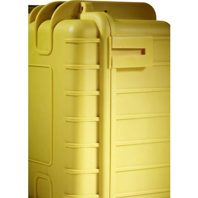 Étui en plastique jaune, robuste, avec des nervures verticales et une poignée sur le côté. Idéal pour le transport en toute sécurité d'appareils sensibles.