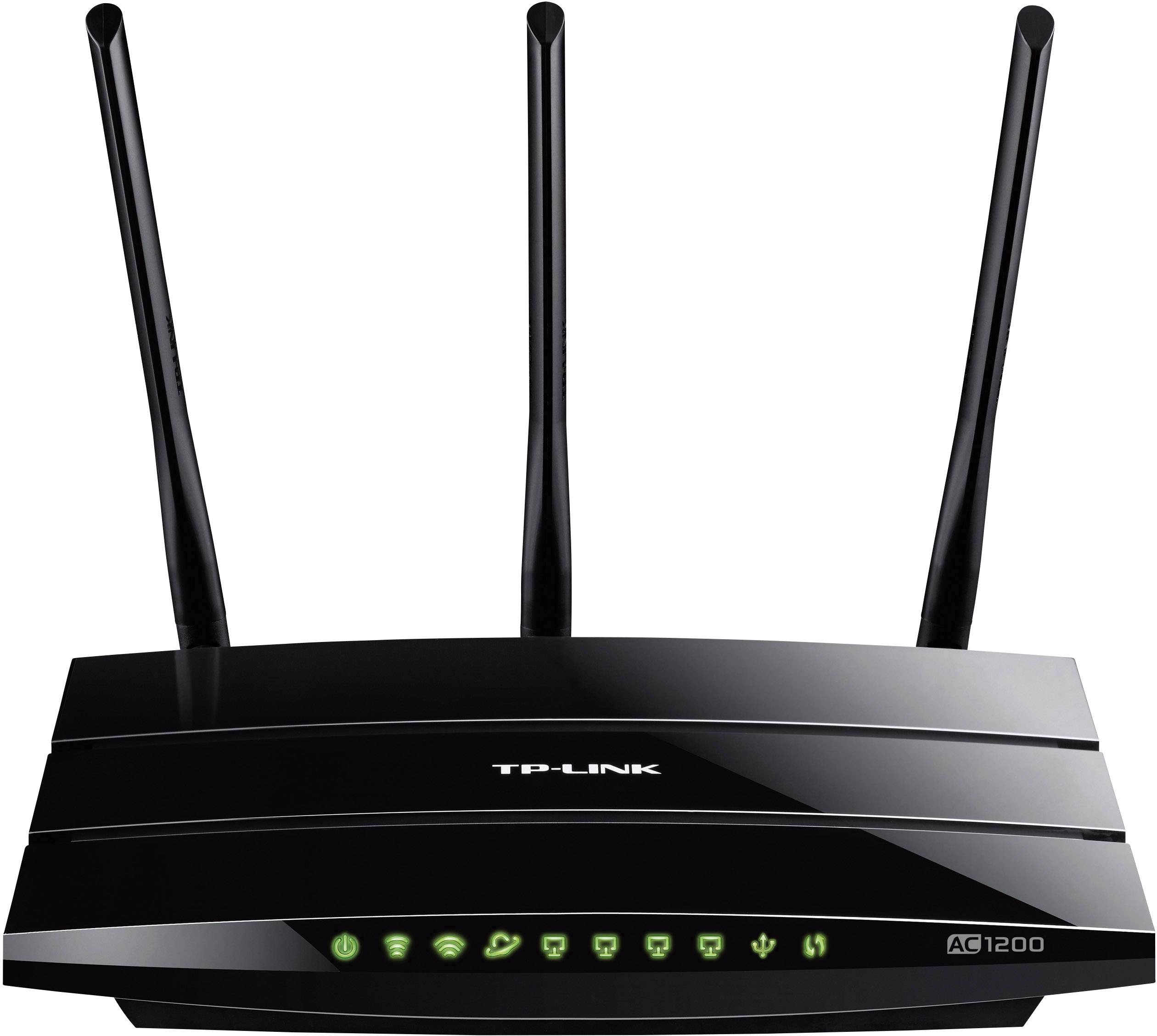 Routeur noir avec trois antennes et des symboles lumineux sur le devant, marque 'TP-LINK' et modèle 'AC1200'.