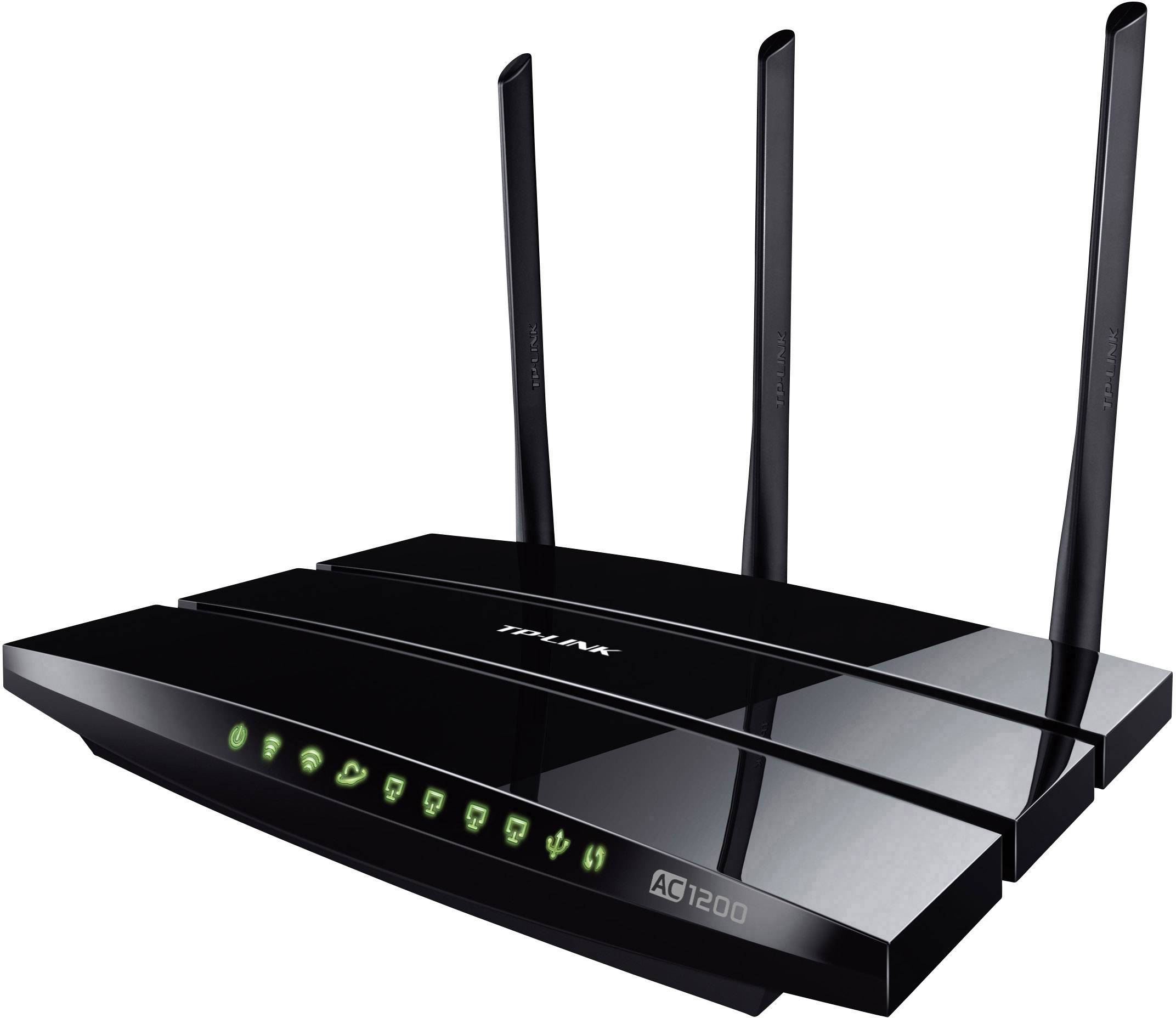 Routeur Wi-Fi noir à quatre antennes. La face avant présente des symboles lumineux indiquant différentes fonctions et connexions.