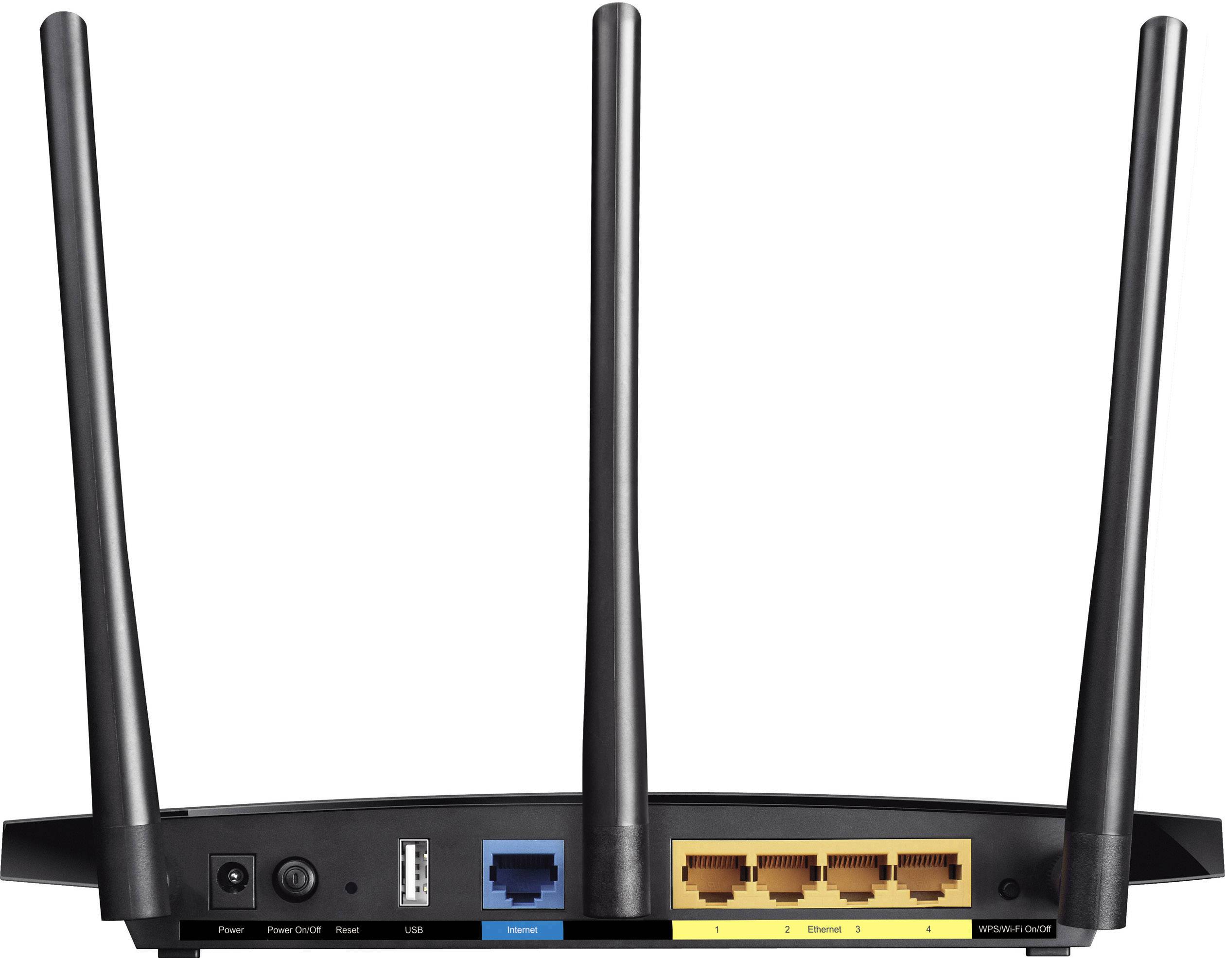 Face arrière d'un routeur Wi-Fi avec trois antennes, 4 ports Ethernet jaunes, un port WAN bleu et un port USB.