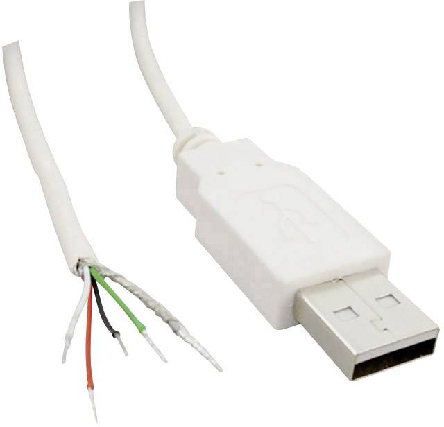 Câble USB avec fils apparents : rouge, noir, vert, blanc. La fiche est un connecteur USB-A.