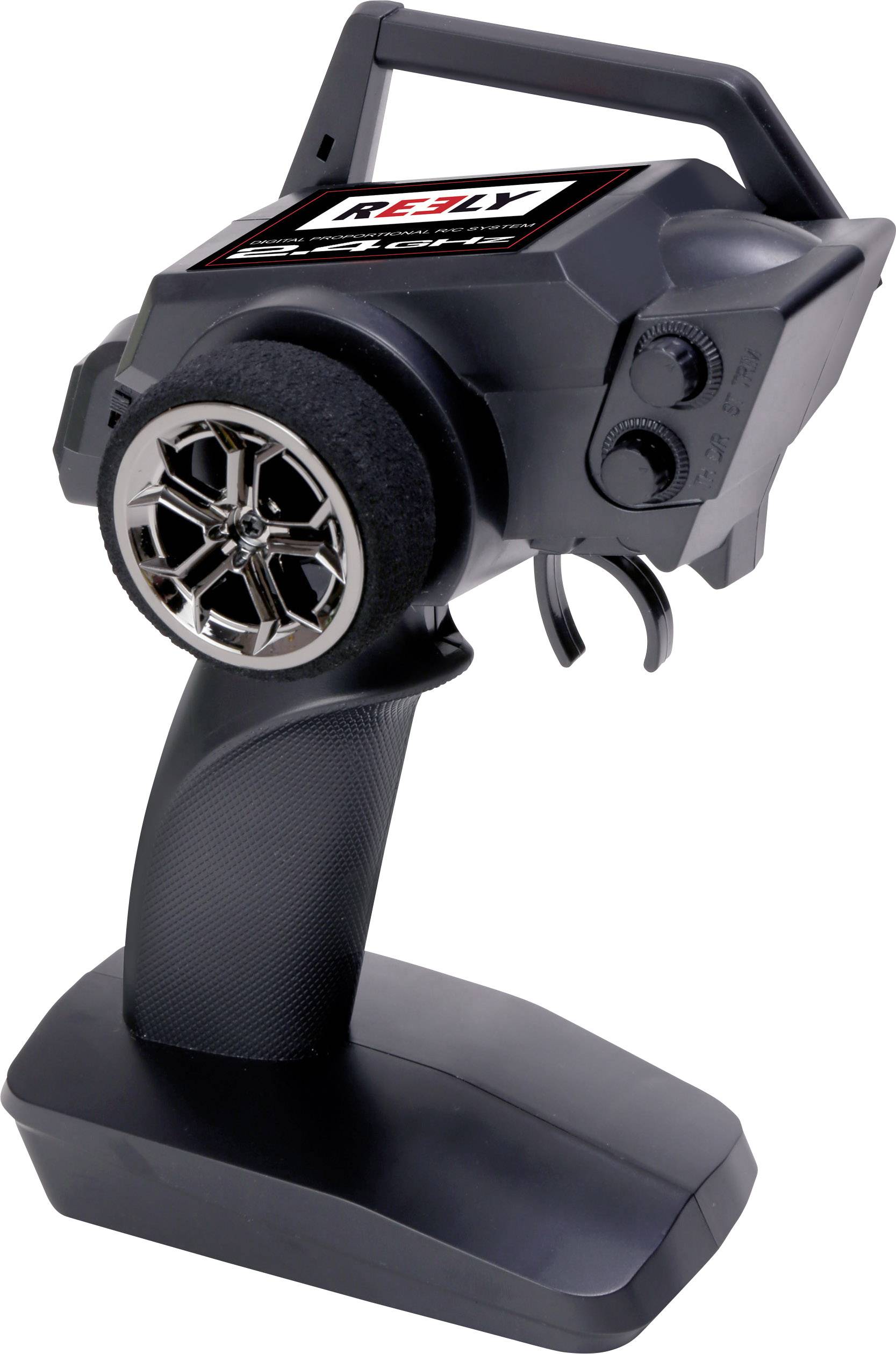 Contrôleur télécommande noir et gris avec poignée, volant et boutons, utilisé pour piloter des véhicules miniatures, sur fond blanc.