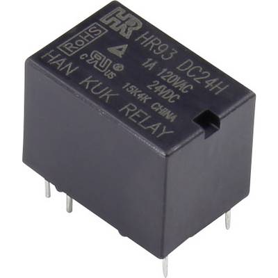 Un relais noir portant l'inscription 'HR93 DC24H'. Il dispose de quatre contacts métalliques et est conçu pour une tension de 24V DC.