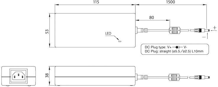 'Schéma de connexion d'un bloc d'alimentation avec dimensions : 115 mm de longueur, 80 mm de largeur, 53 mm de hauteur. Type de connecteur CC : droit, câble de 1 000 mm.'