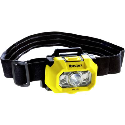 Lampe frontale jaune avec bandeau noir, source lumineuse LED centrale et inscription 'AccuLux'.