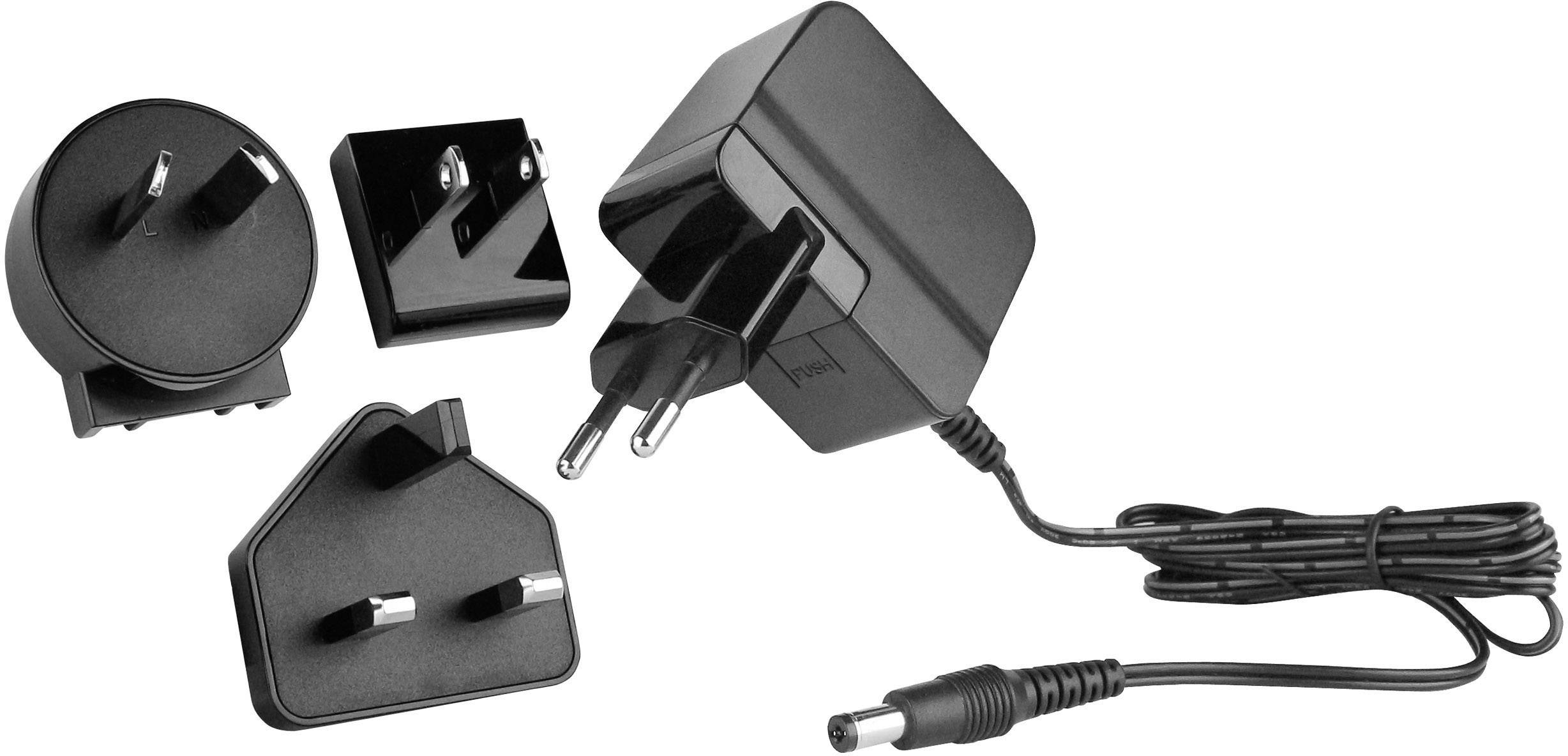 Adaptateur secteur noir avec fiches interchangeables pour différents types de prises, idéal pour les voyages internationaux.
