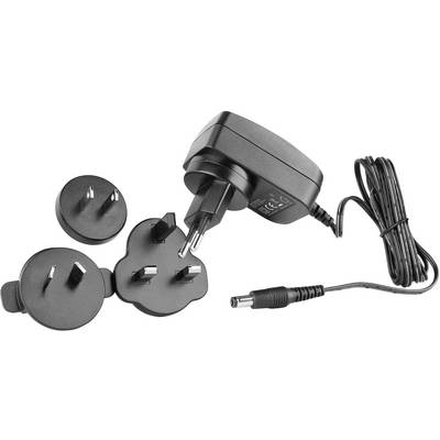 Adaptateur secteur noir avec trois fiches interchangeables et un câble. Adapté à la compatibilité internationale des adaptateurs.