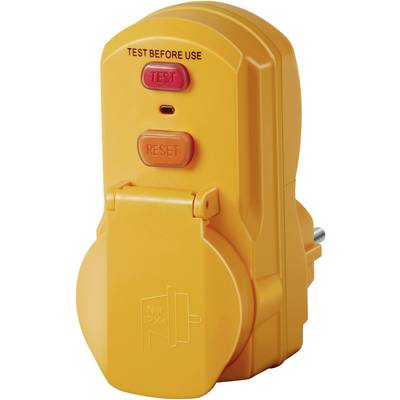 Un dispositif de sécurité électrique jaune avec deux boutons rouges, étiquetés 'TEST' et 'RESET'. En haut, il est inscrit 'TESTER AVANT UTILISATION'.