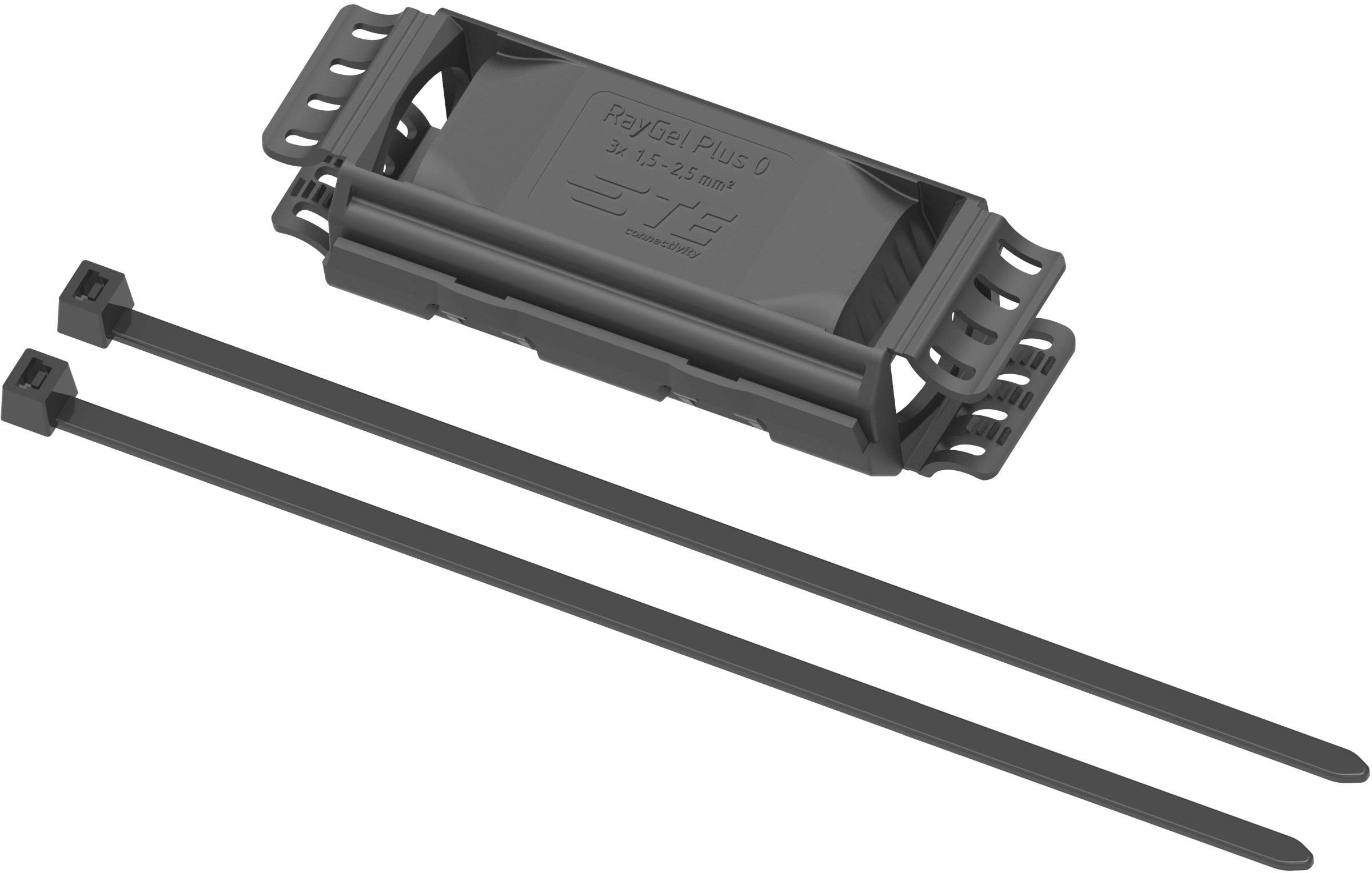 'Kit de gestion de câbles gris comprenant un support rectangulaire et deux attaches de câbles.'