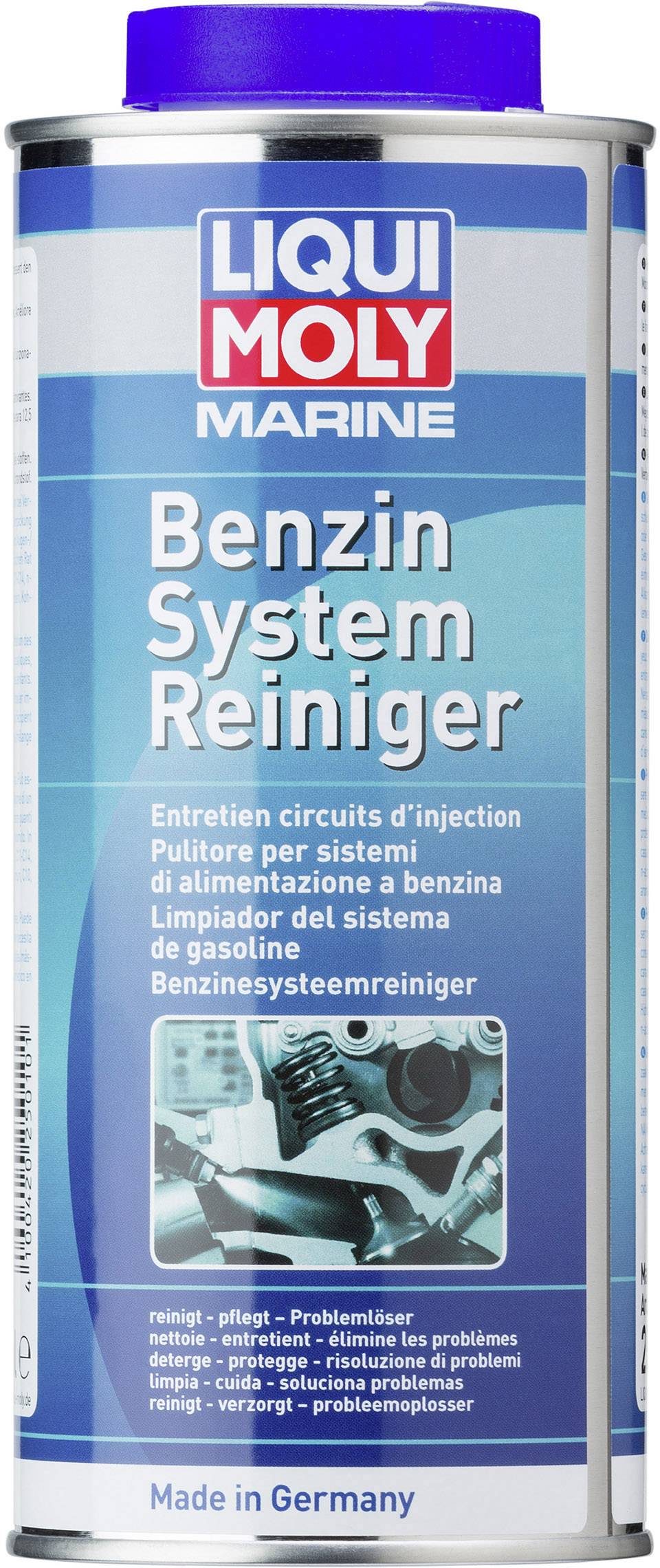 Une boîte de 'Liqui Moly Marine Benzin System Reiniger', un produit de nettoyage pour systèmes d'alimentation, avec un design de fond bleu.