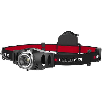 Lampe frontale noire et rouge de Ledlenser avec bandeau ajustable et grand corps lumineux, adaptée aux activités de plein air.