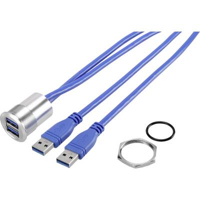 Un câble USB bleu avec deux connecteurs, relié à un embout métallique, à côté d'un joint et d'un écrou de serrage.