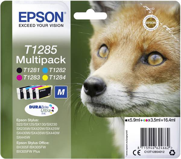 Epson Encre T1285 d'origine pack bundle noir, cyan, magenta, jaune C13T12854012