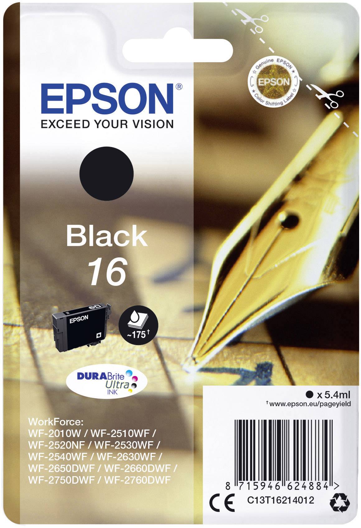 Cartouche d'encre Epson Noir 16 pour modèles tels que WF-2010W. Inscrit 'Exceed Your Vision'. Contient un code-barres et le logo Epson.