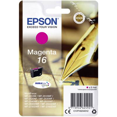 Cartouche d'encre Epson Magenta 16, compatible avec les imprimantes WF-2010W à WF-2760DWF. Contient 3,1 ml d'encre DuraBrite Ultra.