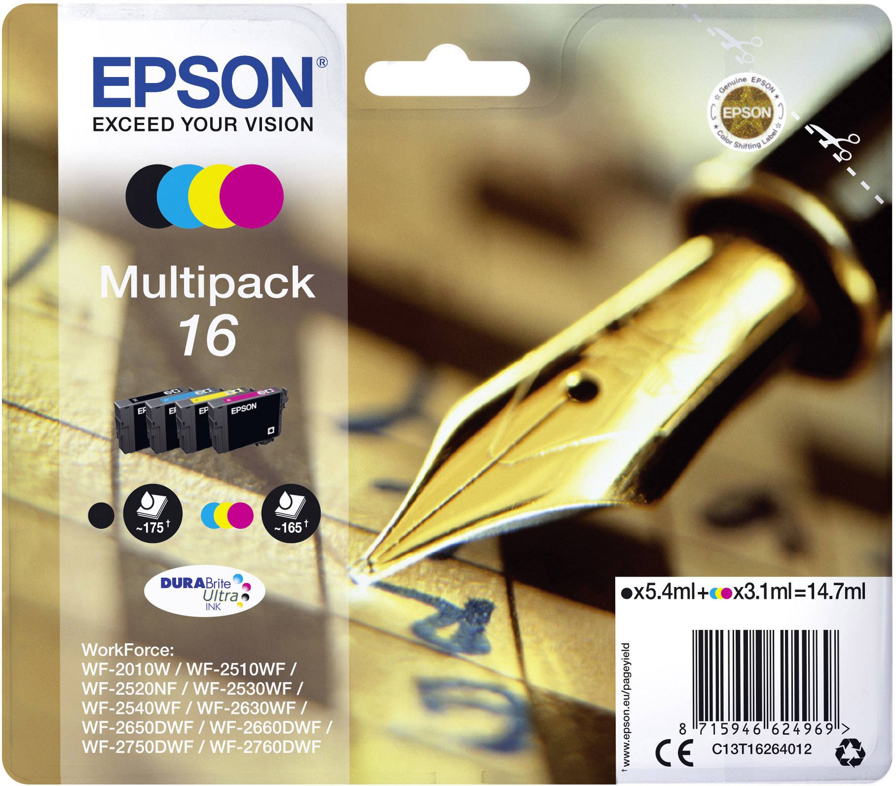 Cartouche d'encre Epson, Multipack 16, contenant les couleurs : Noir, Cyan, Magenta, Jaune. Compatible avec les modèles d'imprimantes mentionnés.