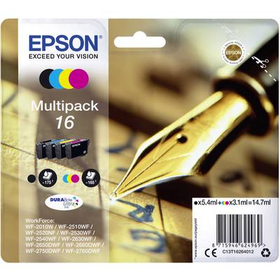 Cartouche d'encre Epson, Multipack 16, contenant les couleurs : Noir, Cyan, Magenta, Jaune. Compatible avec les modèles d'imprimantes mentionnés.