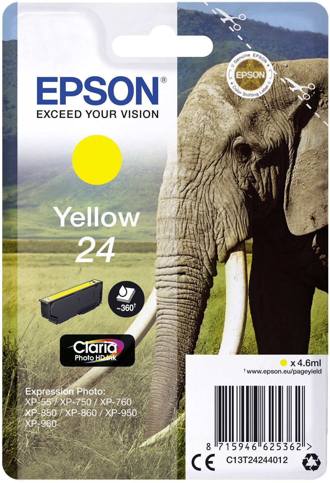 Emballage d'une cartouche d'encre Epson jaune 24, avec une image d'éléphant. Compatible avec XP-55, XP-750/850, XP-760/960.