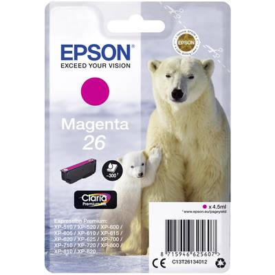 Emballage de cartouche d'encre Epson 'Magenta 26', présentant un ours polaire avec son petit. Compatible avec certains modèles Epson XP.