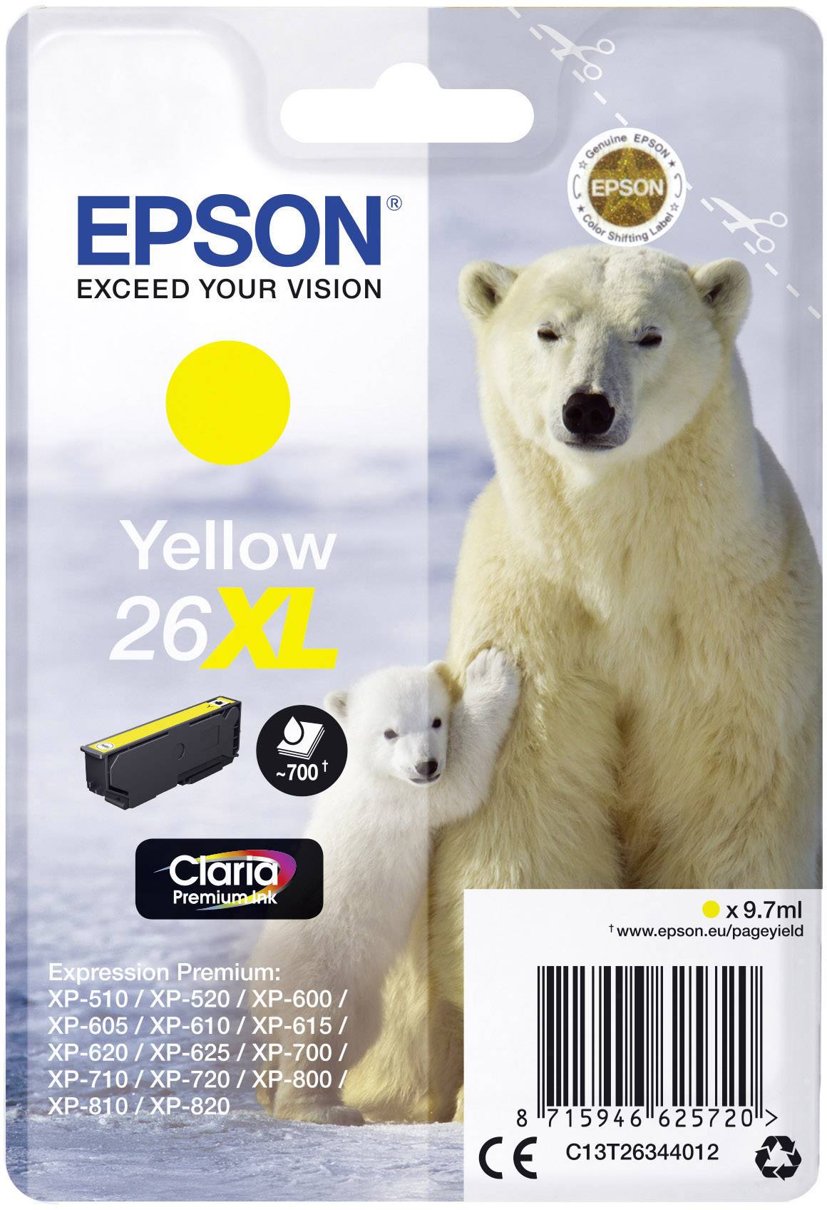 Emballage d'une cartouche d'encre Epson jaune, modèle 26XL, avec une image de deux ours polaires dans la neige, le logo du produit et les indications de capacité.