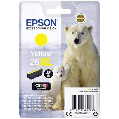 Emballage d'une cartouche d'encre Epson jaune, modèle 26XL, avec une image de deux ours polaires dans la neige, le logo du produit et les indications de capacité.