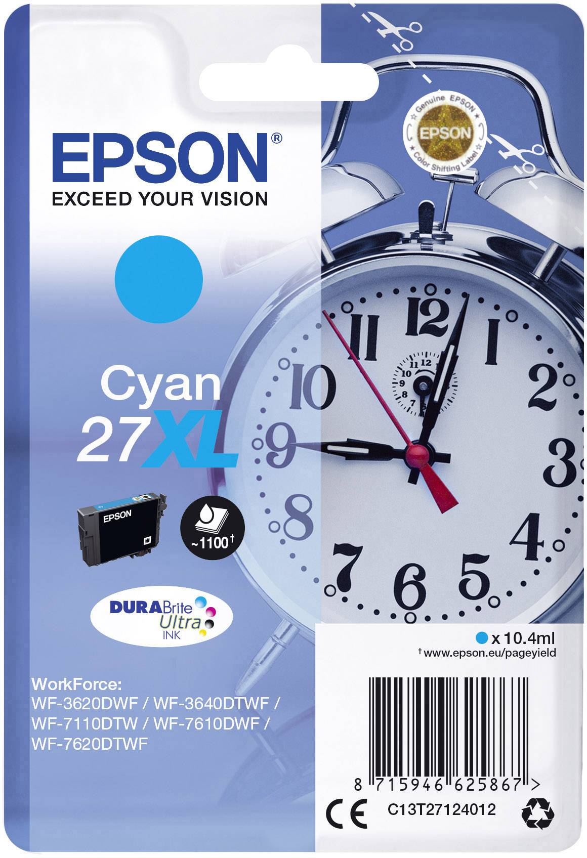 Un emballage pour une cartouche d'encre Epson Cyan 27XL. Un réveil y est représenté. Convient à certains modèles d'imprimantes WorkForce.