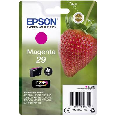 'Emballage d'une cartouche d'encre Epson Magenta 29 avec un motif de fraise. Compatible avec différents modèles d'imprimantes de la série XP.'