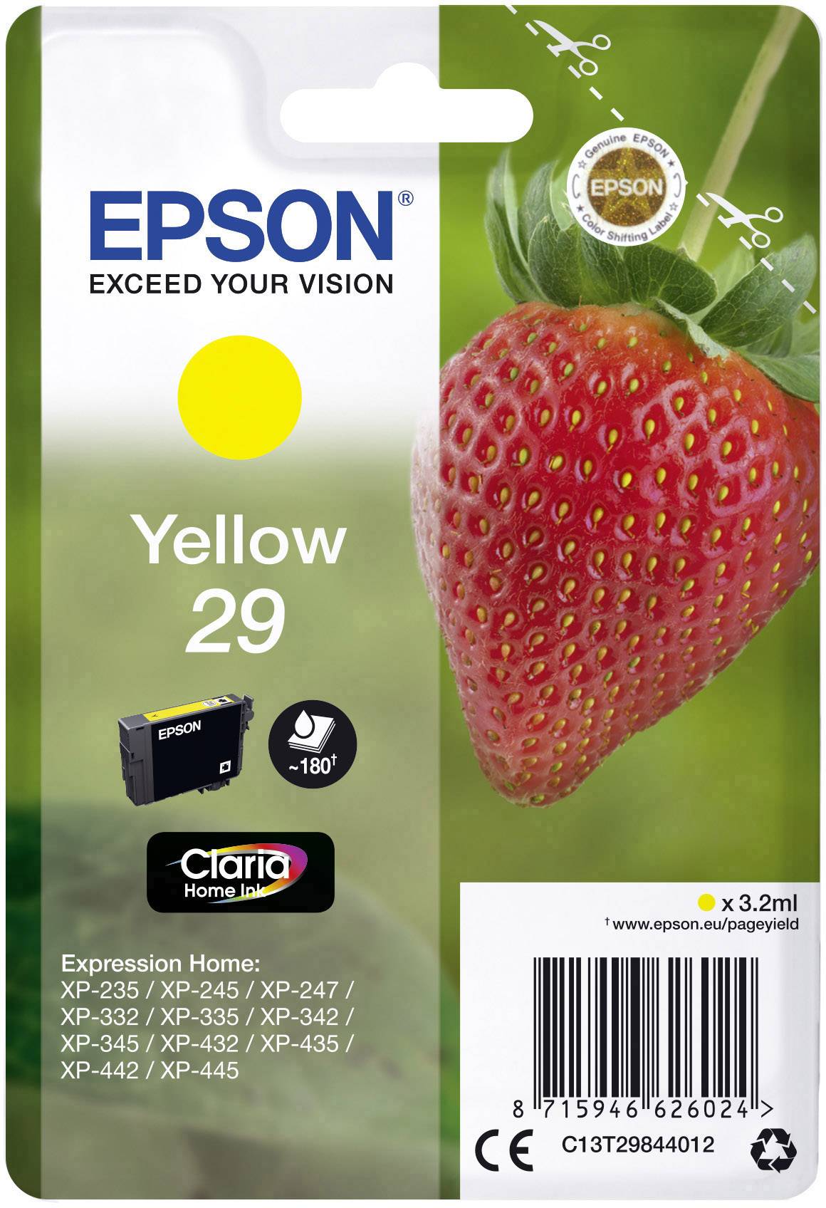 Emballage pour cartouche d'encre Epson, jaune, n°29. Une fraise est illustrée, ainsi que les modèles d'imprimantes compatibles.