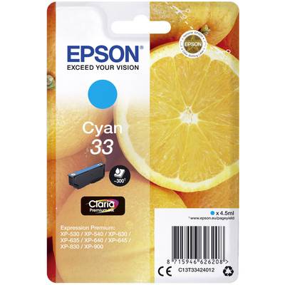 Cartouche d'encre EPSON Cyan 33. Une orange est illustrée sur l'emballage. Convient à différents modèles XP, contenance de 4,5 ml.