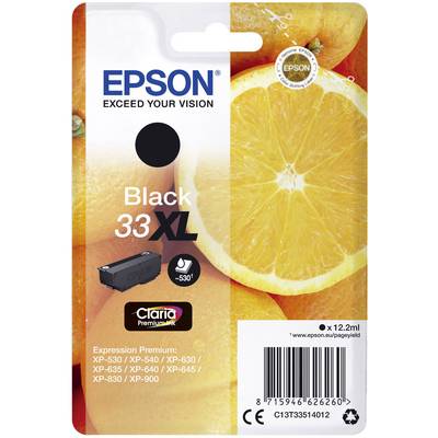 Cartouche d'encre Epson 'Noir 33XL', compatible avec les modèles XP-530 à XP-900. Emballage avec motif orange et illustration de l'encre.