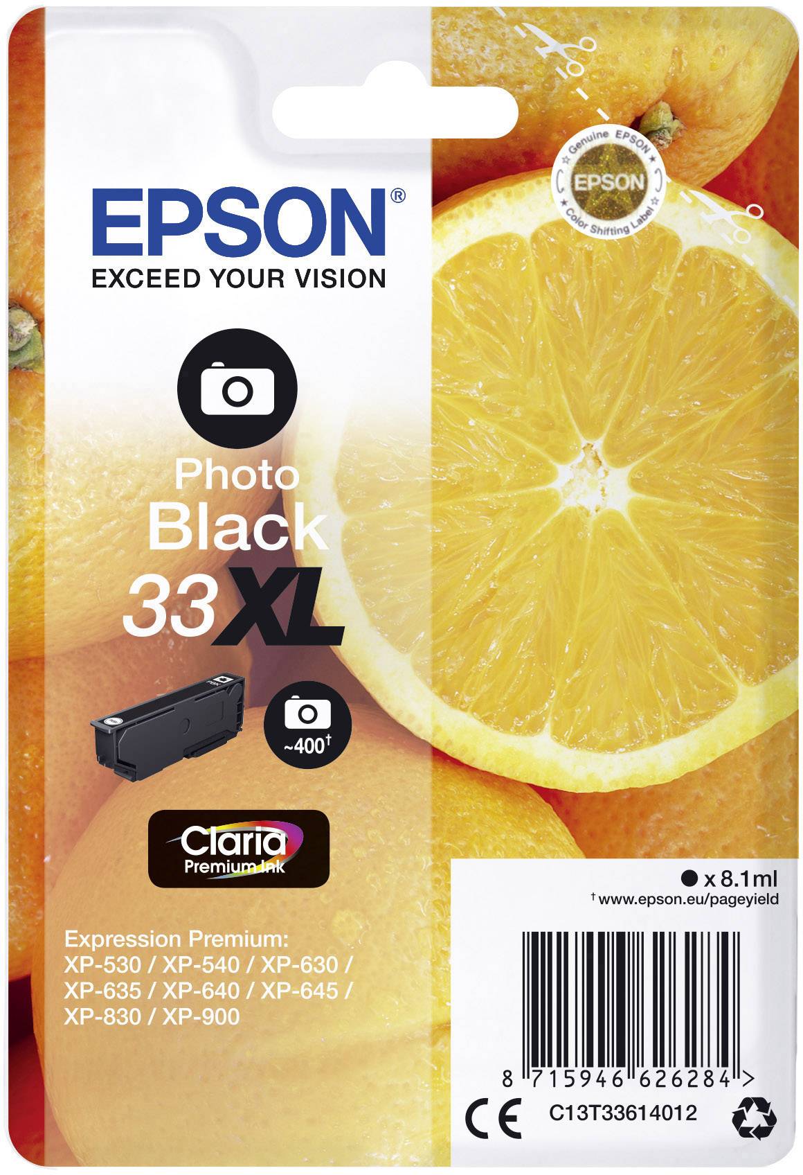 Emballage d'une cartouche d'encre noire Epson '33XL', compatible avec divers modèles d'imprimantes Expression Premium. Contient 8,1 ml. Arrière-plan présentant des oranges.