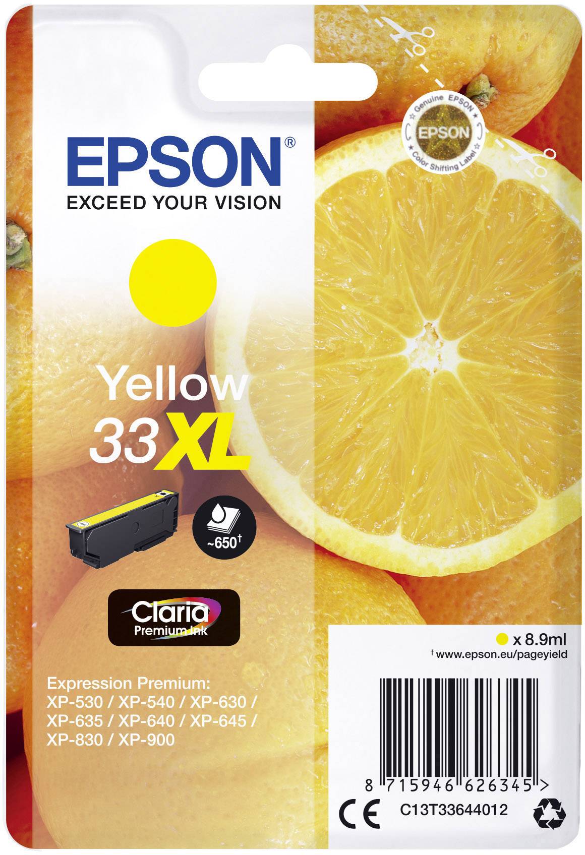 Emballage pour cartouche d'encre jaune Epson 33XL. Photos d'oranges, compatible avec les modèles d'imprimantes XP-530 à XP-900. Capacité de 8,9 ml.