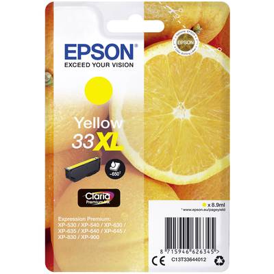 Emballage pour cartouche d'encre jaune Epson 33XL. Photos d'oranges, compatible avec les modèles d'imprimantes XP-530 à XP-900. Capacité de 8,9 ml.