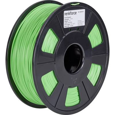Une bobine noire avec du filament PLA vert. Sur l'étiquette est inscrit 'renkforce', diamètre 1,75 mm, température d'impression 190-220°C.