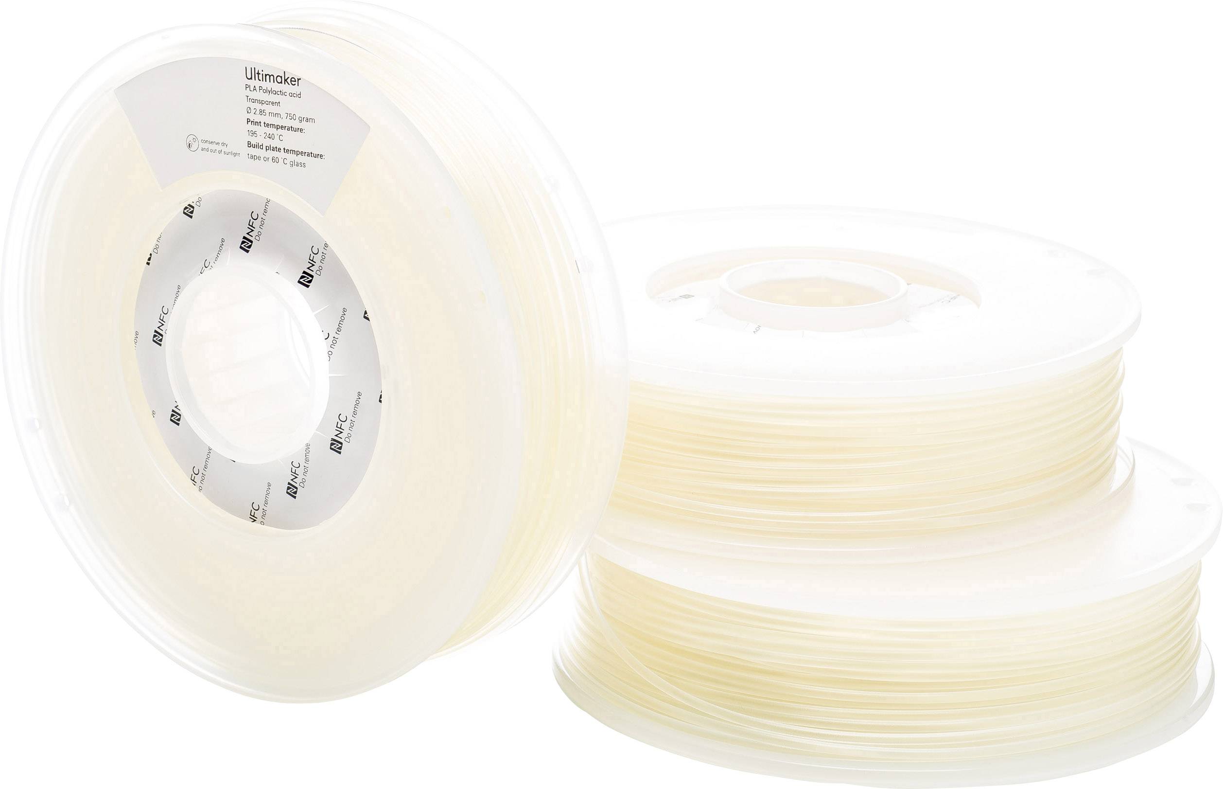 Deux rouleaux de filament transparent pour imprimante 3D. À gauche, un rouleau debout avec des informations de produit sur l'étiquette, à droite un rouleau couché.