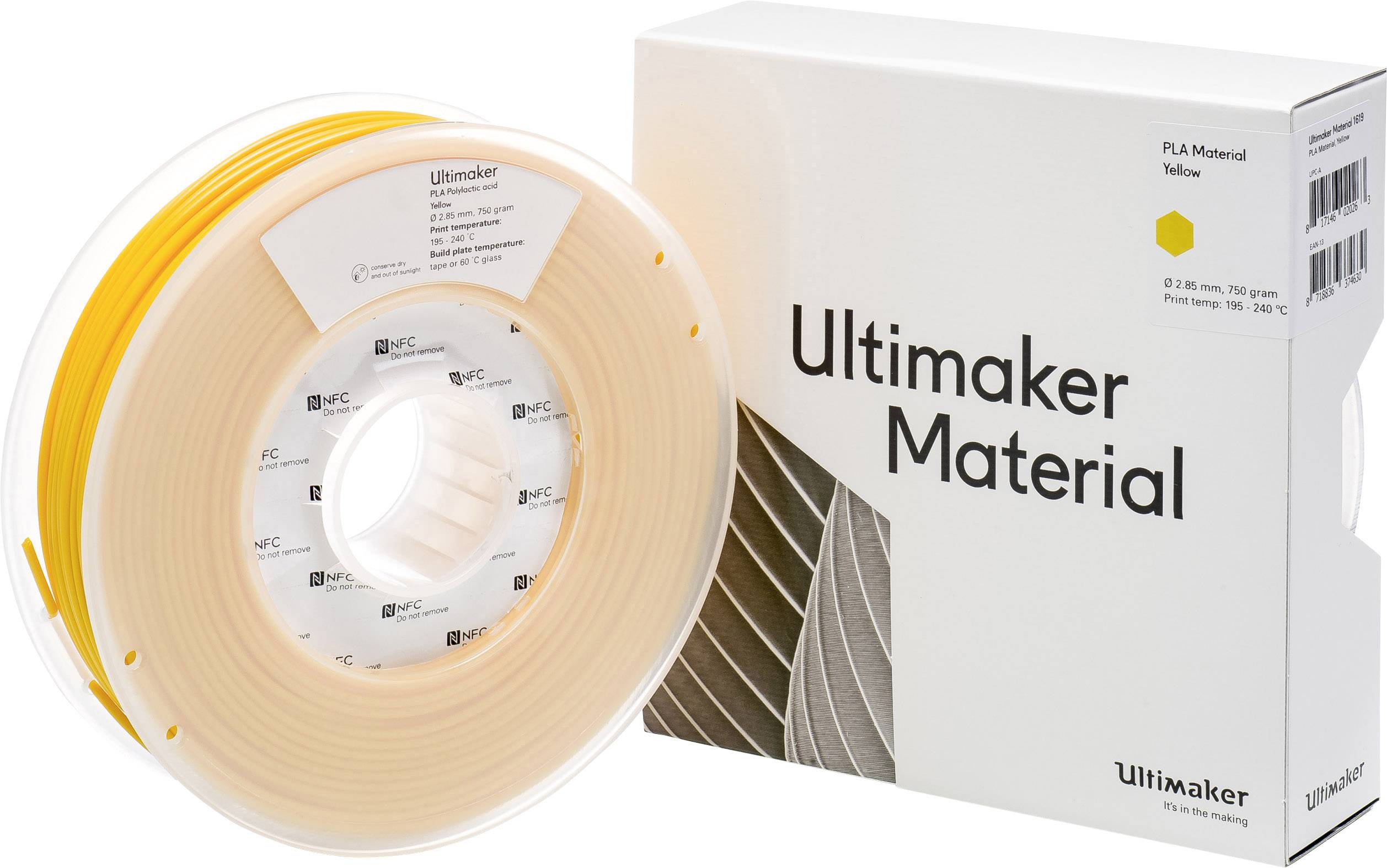 Emballage 'Ultimaker Material' et bobine de filament jaune pour imprimante 3D, matériau PLA. L'emballage présente le logo et un diagramme d'un objet imprimé en 3D.