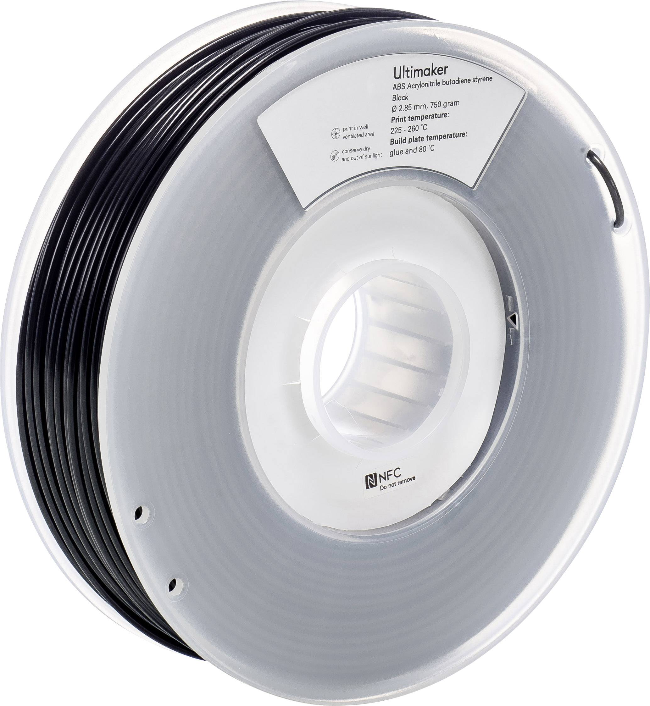Un rouleau de filament noir pour imprimante 3D d'Ultimaker, adapté pour un diamètre de 2,85 mm, pesant 750 grammes, compatible NFC.