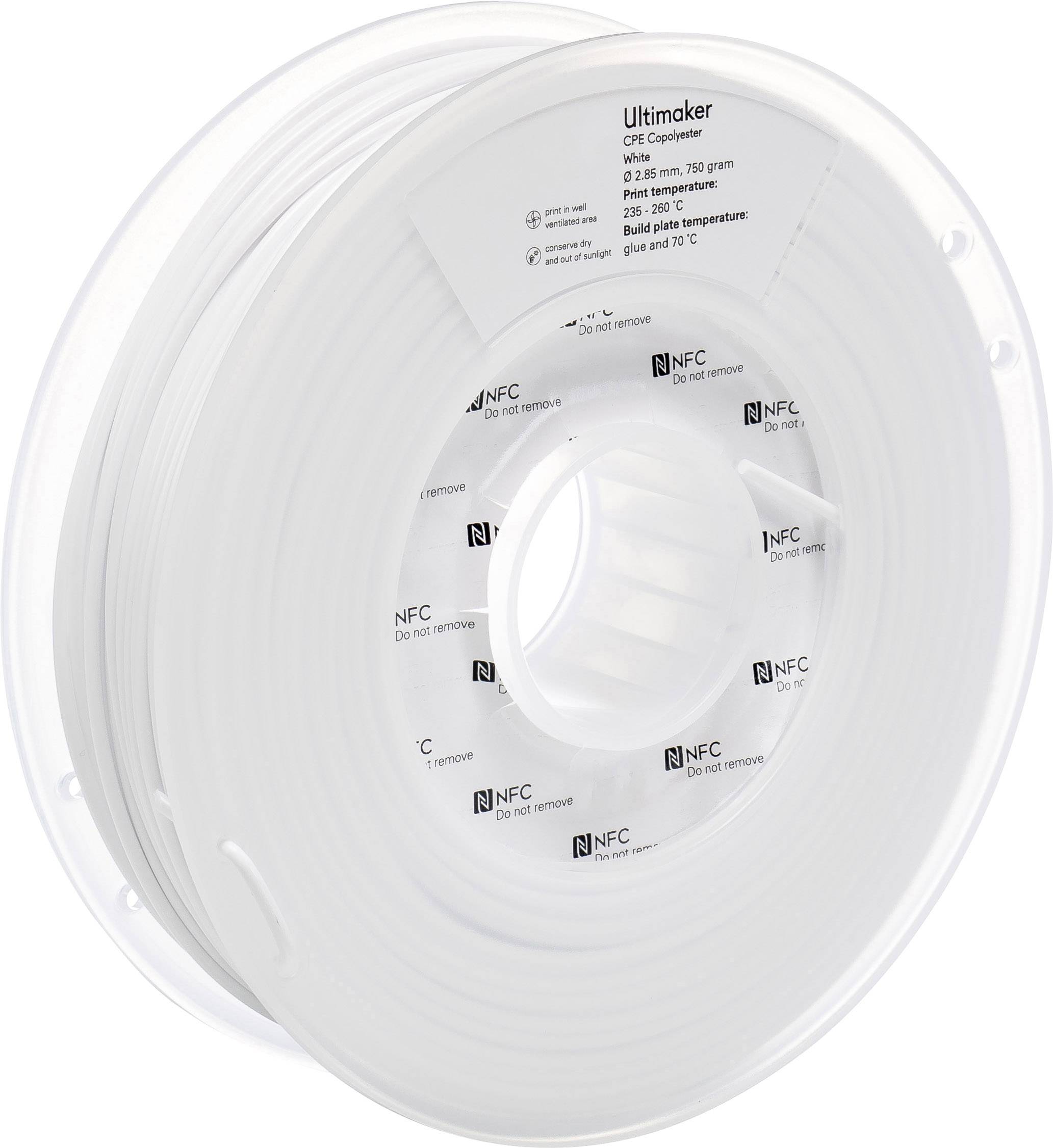 Une bobine de filament transparente portant l'inscription 'Ultimaker', avec une indication de température d'impression recommandée et le logo NFC pour imprimantes 3D.