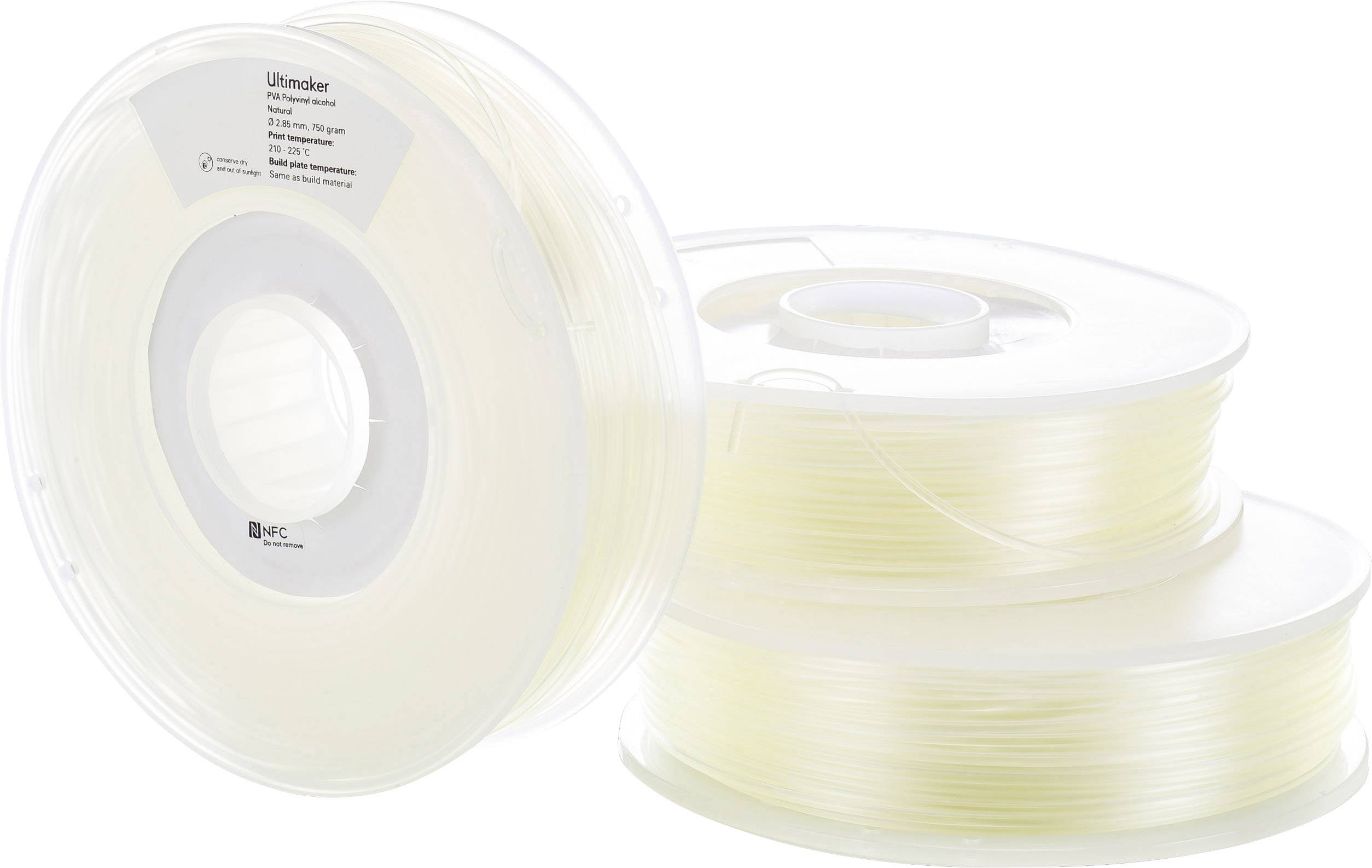 Trois rouleaux de filament d'impression 3D transparent, un debout et deux empilés horizontalement.