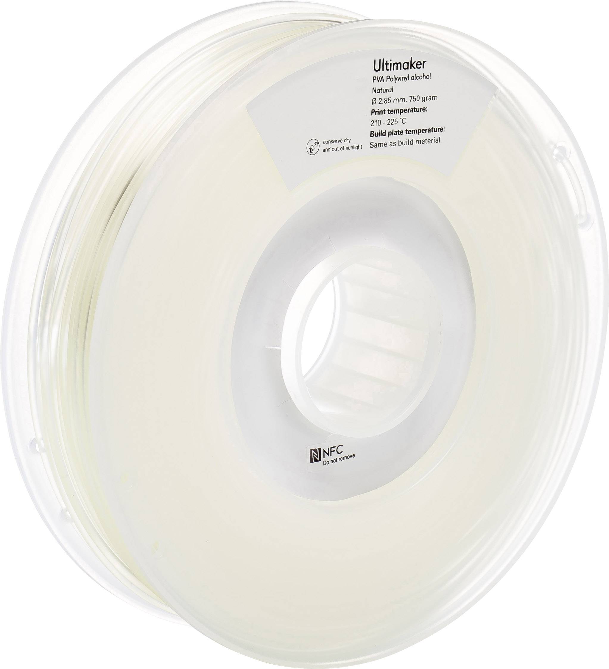 Bobine de filament pour imprimante 3D d'Ultimaker en couleur naturelle. L'étiquette indique les propriétés du matériau et le symbole NFC.