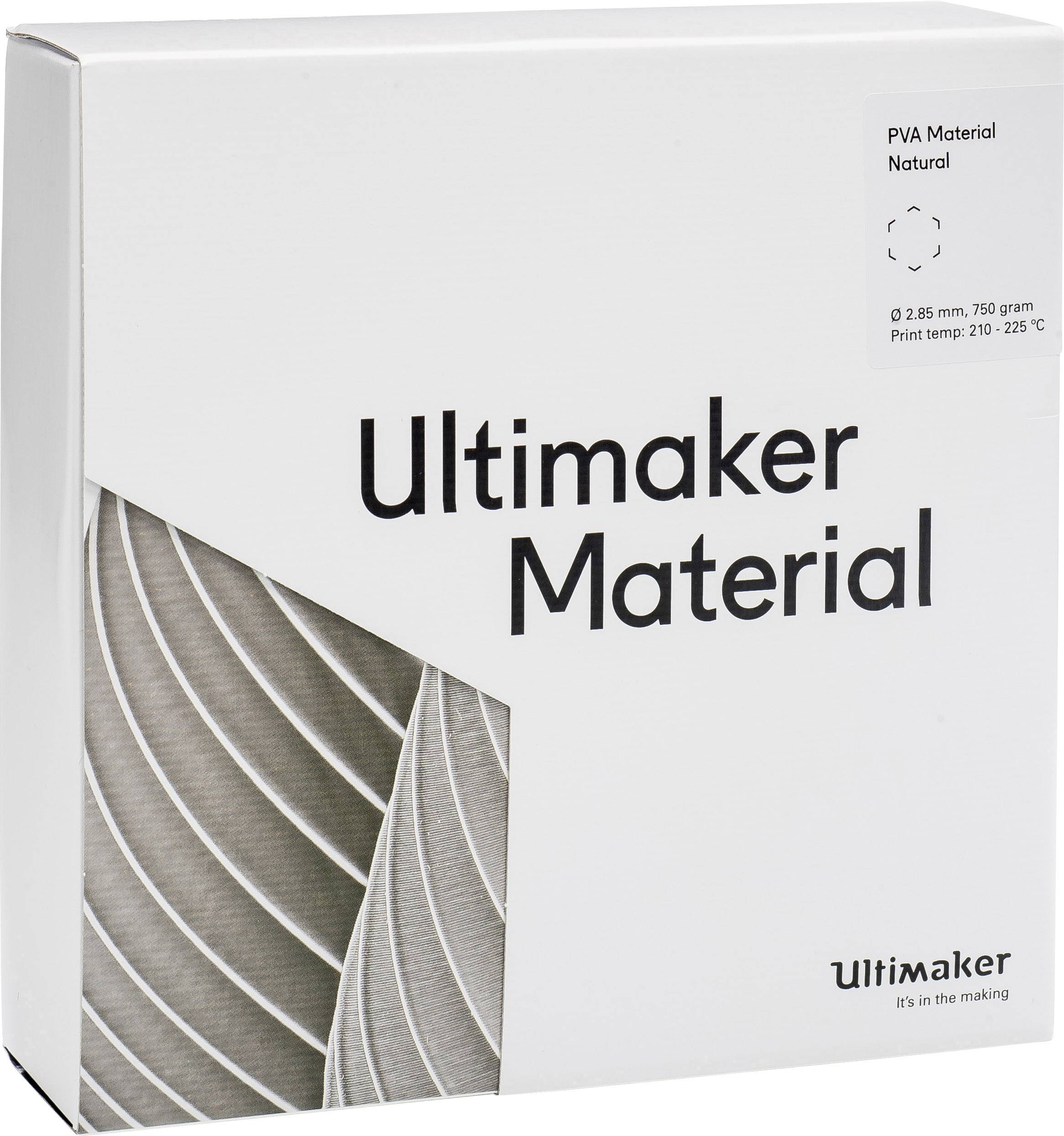 Emballage du matériau PVA Ultimaker, 750 grammes, température d'impression 210-225°C. Carton de couleur beige avec un design en spirale.
