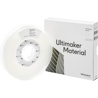 Bobine de filament d'impression 3D et carton d'Ultimaker. L'emballage est blanc avec des détails gris et porte l'inscription 'Ultimaker Material'.
